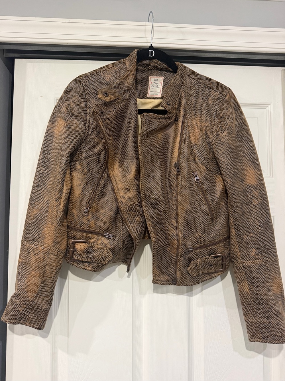 We The Free Distressed Brown Leather Moto Jacket